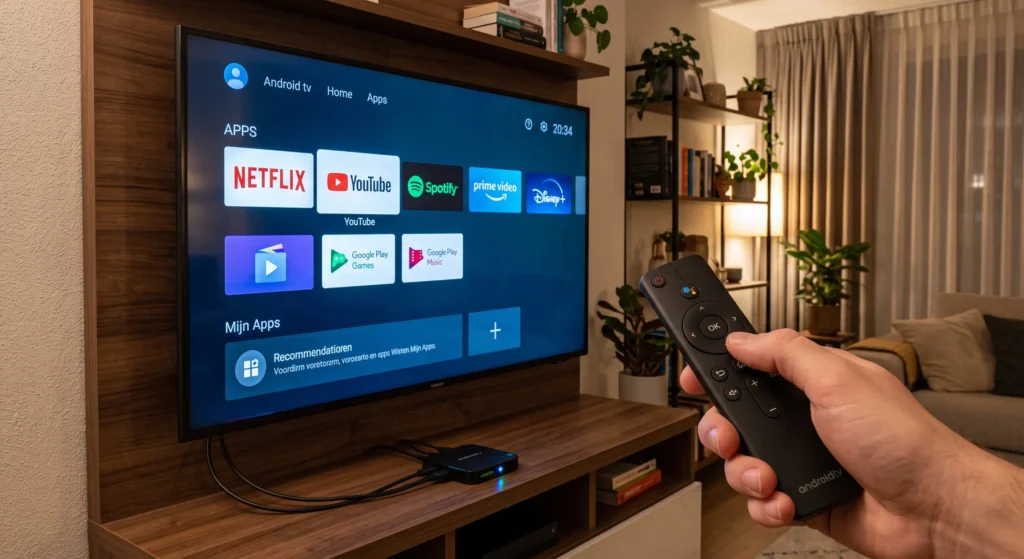 Android TV box aangesloten op televisie met afstandsbediening van premium dutch iptv met iptv aanbieder