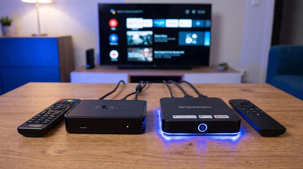 MAG box en Android TV box naast elkaar op tafel, blauwe accenten met iptv nederland en premium dutch iptv 2026