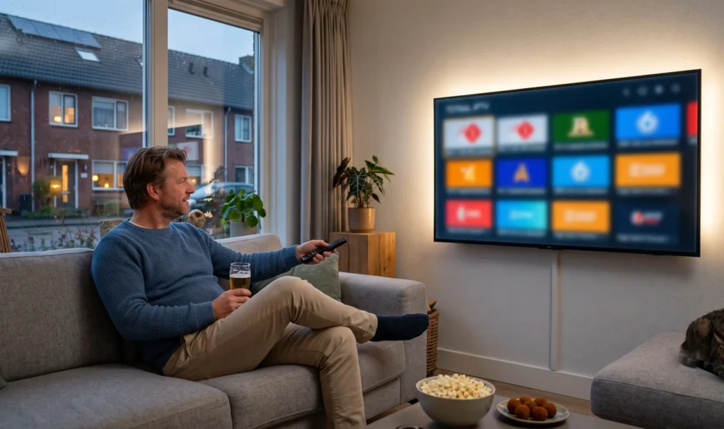 iptv abonnement - Nederland Persoon ontspannen thuis kijkend naar IPTV NL kanalen op Smart TV met iptv nederland de beste iptv aanbider voor 2026