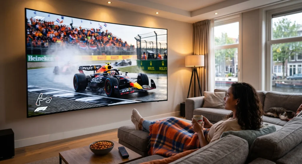 Persoon thuis ontspannen kijkend naar Formule 1 race op groot TV VAN PREMIUM DUTCH IPTV EN 4K IPTV nederland