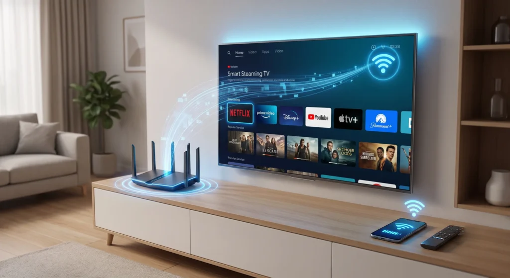 Router en Smart TV met stabiele wifi-verbinding, blauwe accenten met iptv tv nederland van premium dutch iptv