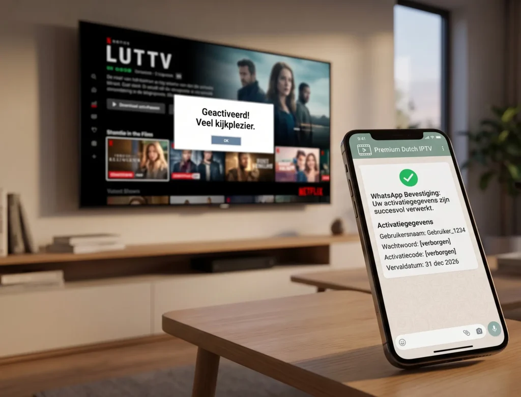Smartphone met WhatsApp bevestiging en activatiegegevens naast Smart TV met de beste iptv abonnement nederland kopen