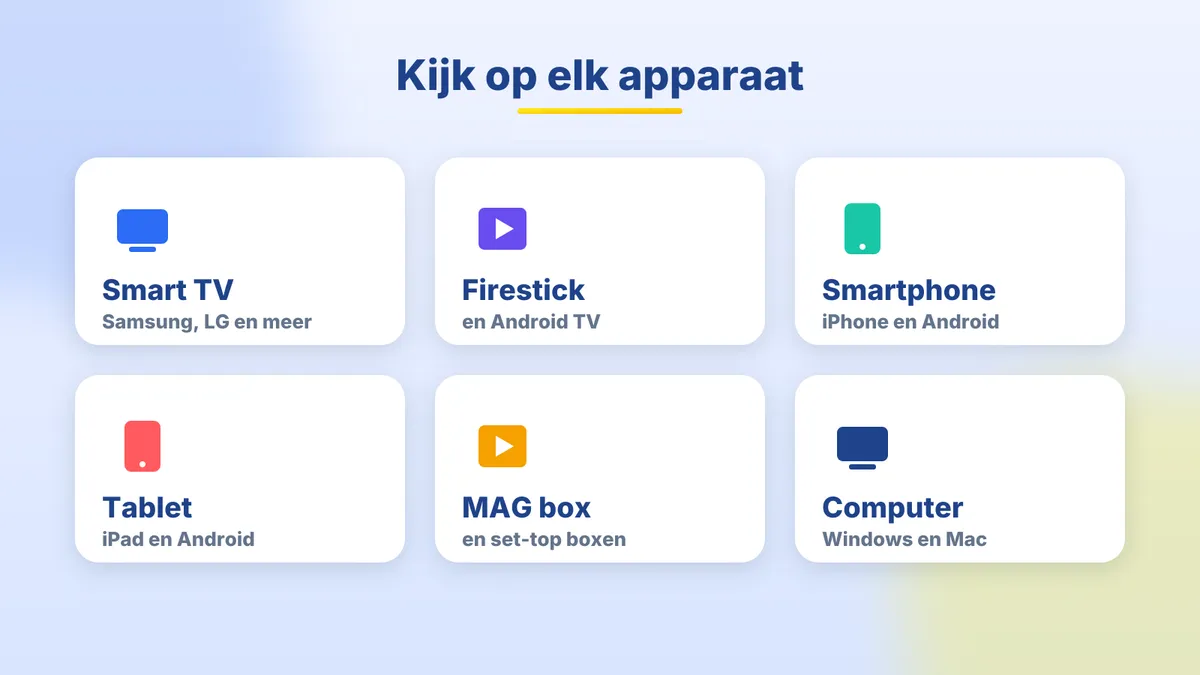 IPTV België op elk apparaat: Smart TV, Firestick, smartphone, tablet, MAG box en computer