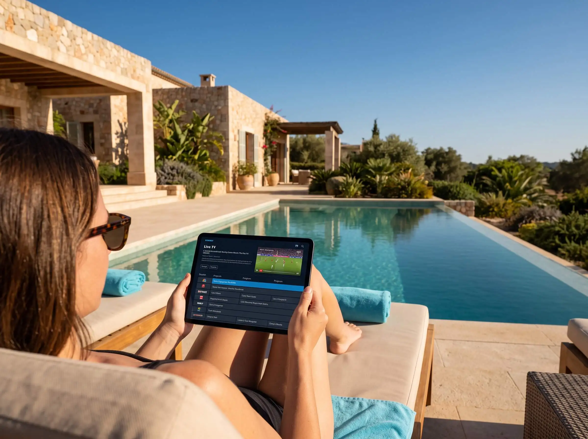 Multiscreen IPTV op vakantie: tablet met live tv bij een vakantiehuis in het buitenland