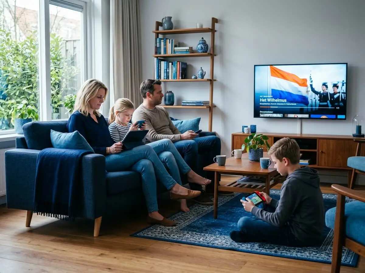 Nederlands gezin kijkt met multischermen IPTV op verschillende apparaten in de woonkamer
