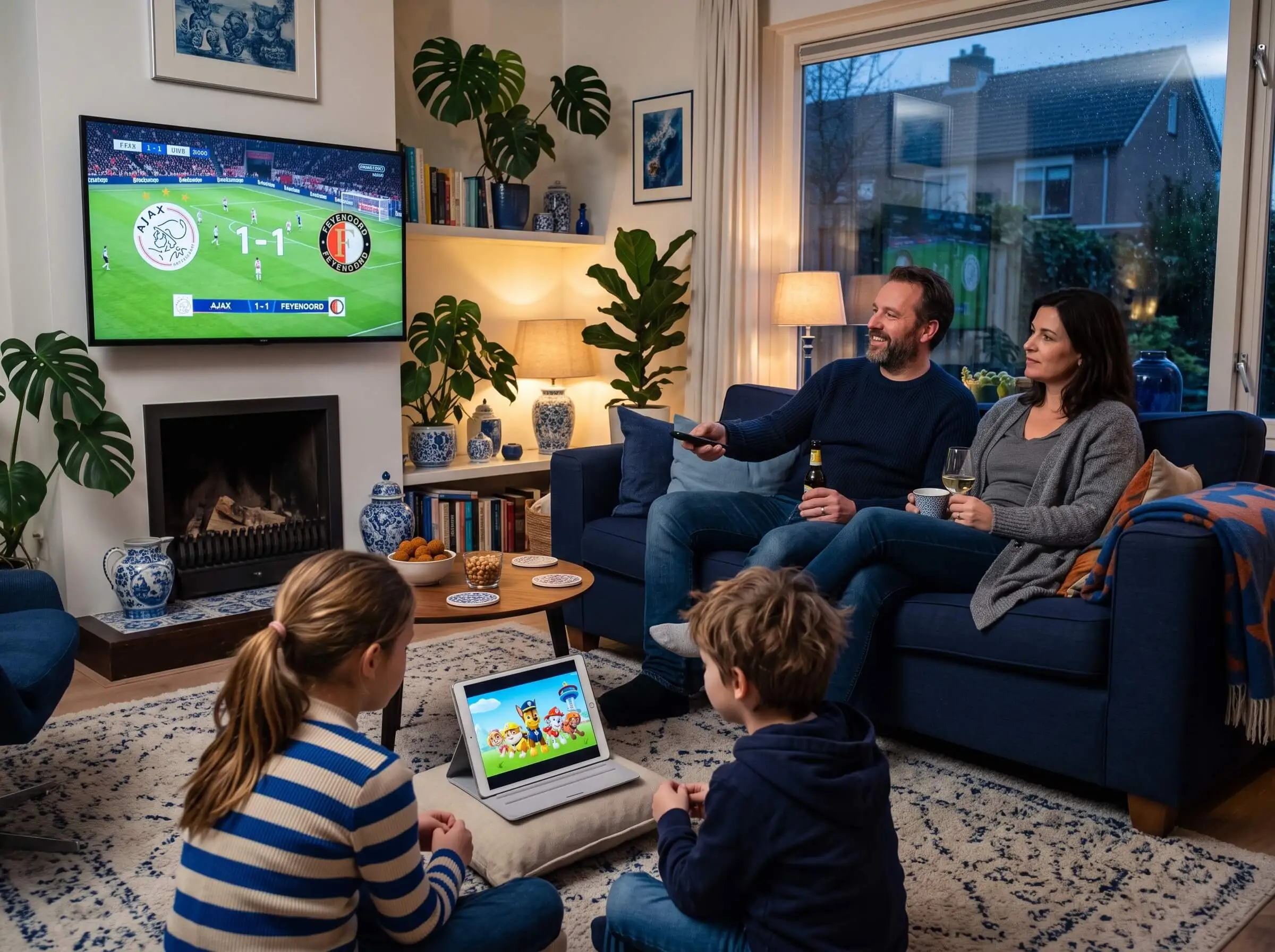 Gezin kijkt tegelijk IPTV op Smart TV, tablet en smartphone met een multischermen IPTV abonnement van Premium Dutch IPTV