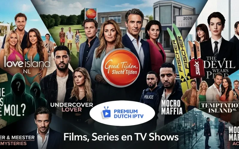 Promo banner van Premium Dutch IPTV aanbieder voor ITV Nederland, met ITV open toegang tot populaire films, series en TV shows zoals Goed Tijden Slecht Tijden en Mocro Maffia